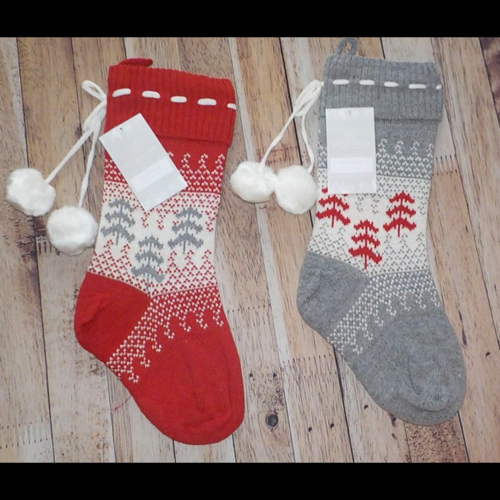The Farmhouse Rachel Ashwell Christmas Stocking Set 2 Stocking Knit Pom Pom NWT